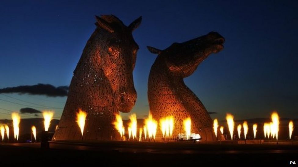 Kelpie Sculptures Lit Up For Pyrotechnic Launch Event Bbc News 