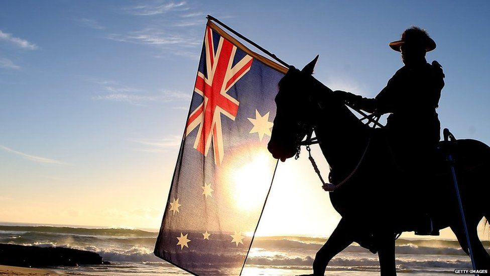 A member of the Mudgeeraba light horse troop takes part in the ANZAC dawn service at Currumbin Surf Life Saving Club on 25 April, 2014 in Gold Coast, Australia