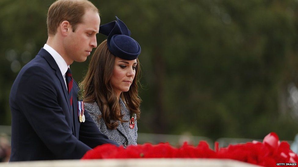 Prince William, Duke of Cambridge and Catherine, the Duchess of Cambridge lay a wreath during an ANZAC Day commemorative service at the Australian War Memorial on 25 April, 2014 in Canberra, Australia