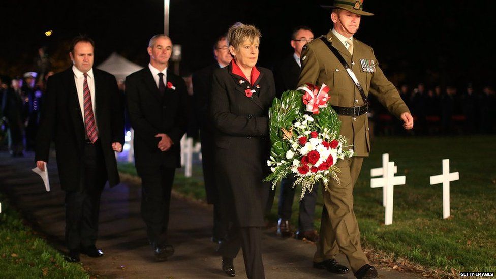 Christchurch Mayor Lianne Dalziel lays a wreath during ANZAC Day Dawn Service Parade at Cranmer Square on 25 April, 2014 in Christchurch, New Zealand
