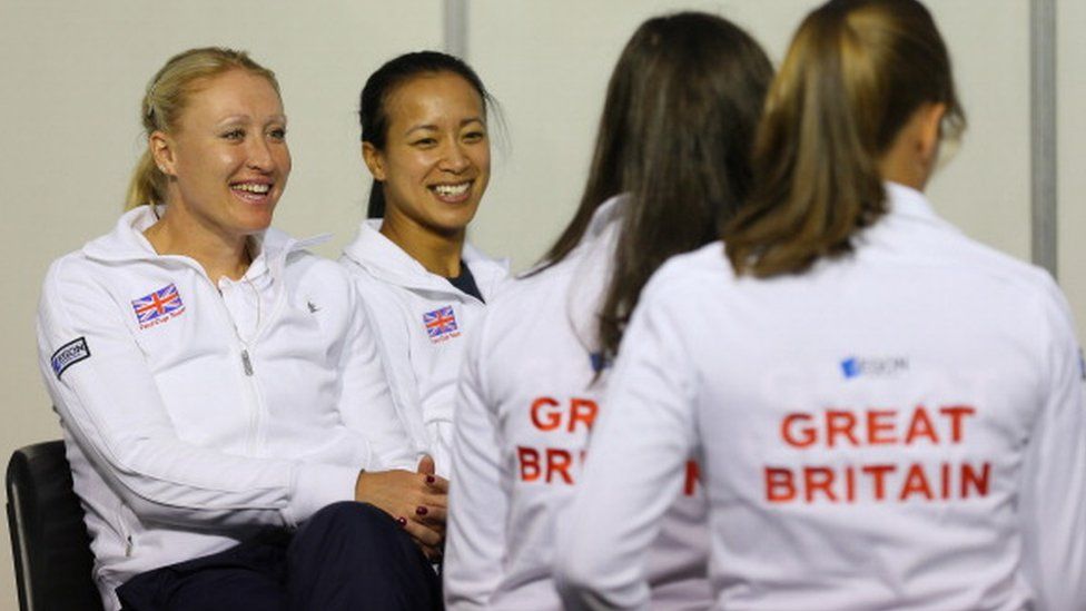 Team player -Elena Baltacha and Anne Keothavong of Great Britain during previews ahead of the Fed Cup World Group Two Play-Offs between Argentina and Great Britain at Parque Roca on April 19, 2013 in Buenos Aires, Argentina
