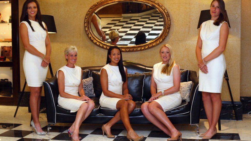 L-R Laura Robson, Judy Murray, captain of Great Britain, Anne Keothavong, Elena Baltacha and Johanna Konta of Great Britain pose for a team photo at the Pan Americano Hotel during previews ahead of the Fed Cup World Group Two Play-Offs between Argentina and Great Britain at Parque Roca on April 18, 2013 in Buenos Aires, Argentina.
