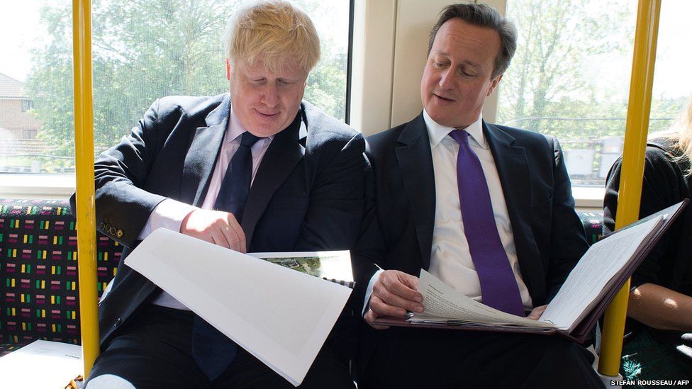 The Mayor of London Boris Johnson (left) and British Prime Minister David Cameron are seen on an underground train