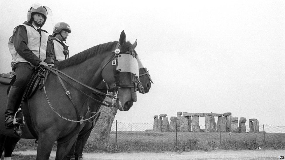 Mounted police on duty at deserted Stonehenge, where a four-mile exclusion zone was set up in June 1989.