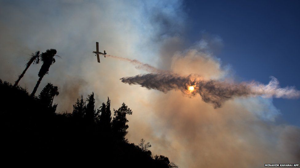 An aeroplane drops water over Jerusalem forest in an attempt to control wildfires