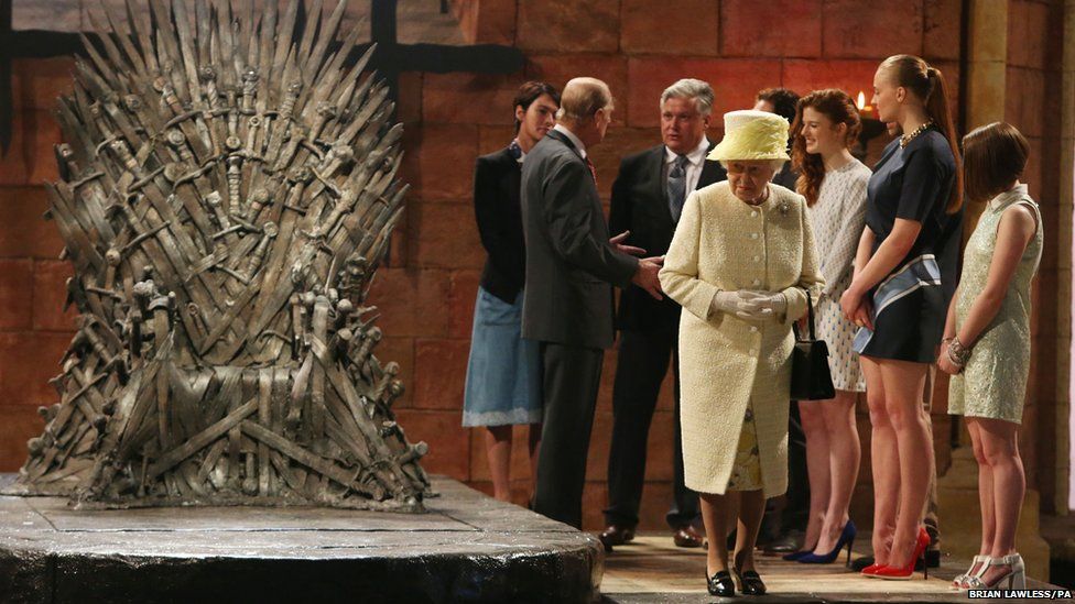 Queen Elizabeth II and the Duke of Edinburgh during a visit to the set of Game of Thrones on day two of a visit to Northern Ireland