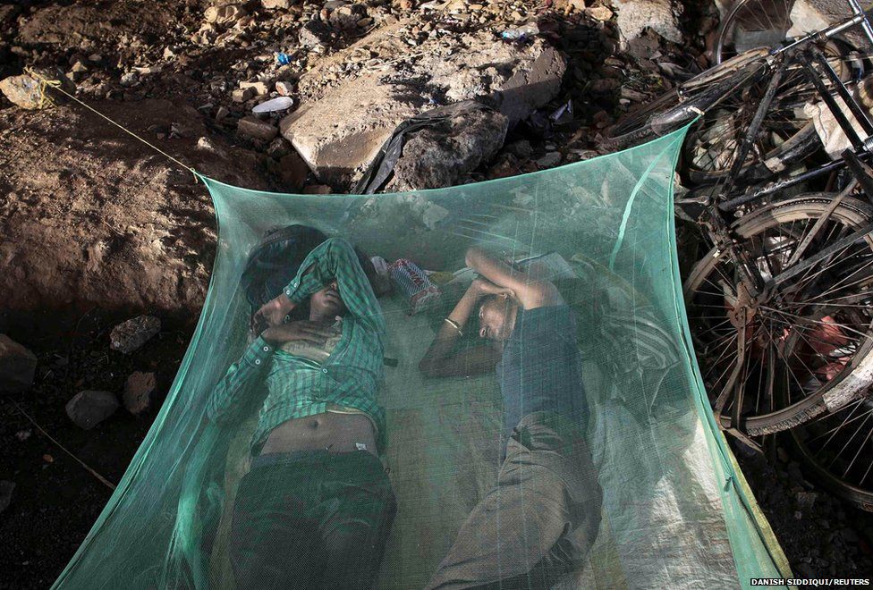 Migrant workers sleep under a mosquito net beneath an overpass in Mumbai