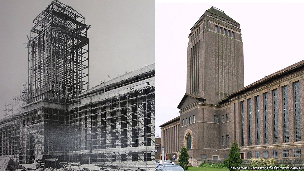 Tower construction at UL plus modern day image (right)