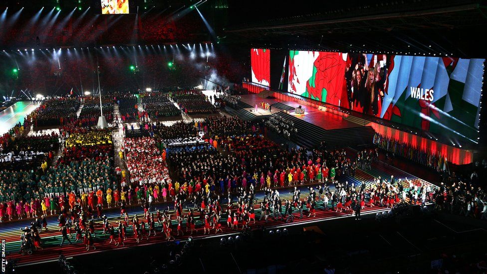 Team Wales enter Celtic Park for the opening ceremony of the Commonwealth Games