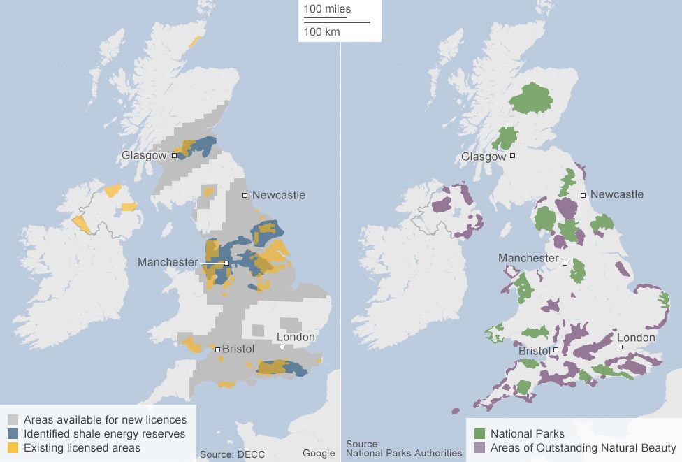 Map of UK indicating potential fracking sites
