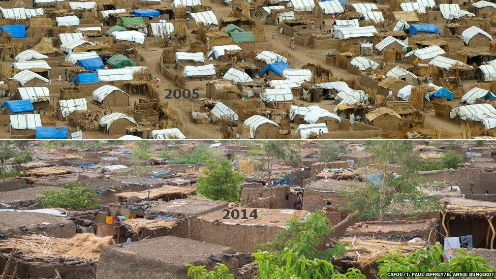 Top: A displacement camp near Zalingei pictured in 2005, Darfur, Sudan Bottom Khamsa Dagiag displacement camp pictured in 2014, Darfur, Sudan