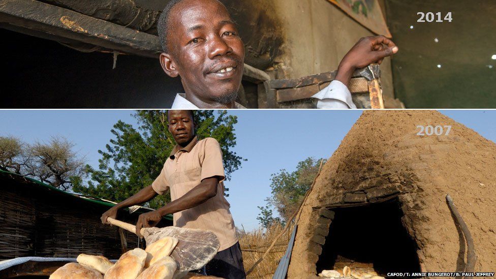 Top: Yousif pictured in 2014 in Aslam camp in Darfur, Sudan Bottom: Yousif pictured making bread in Hassa Hissa camp in Darfur, Sudan in 2007