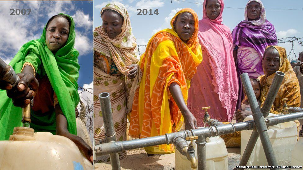 L: Rawia at a water pump in Hassa Hissa camp in Darfur, Sudan, in 2007 R: Rawia, wearing orange, pictured at a water pump in Hassa Hissa camp in Darfur, Sudan, in 2014