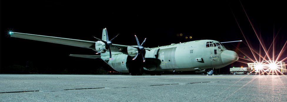 RAF Hercules C-130J preparing to set off on a humanitarian flight to Iraq