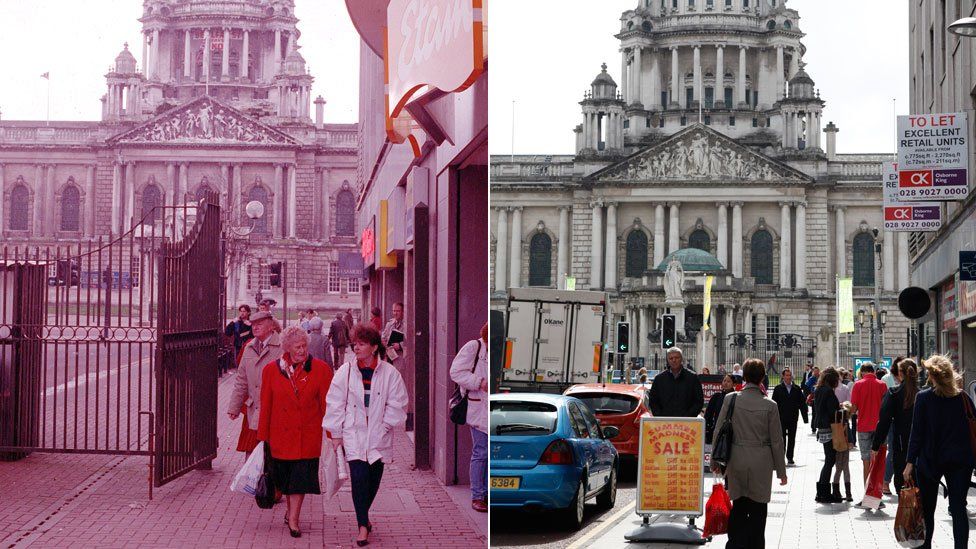 Security gates at Royal Avenue during the Troubles on the left, and how it looks today