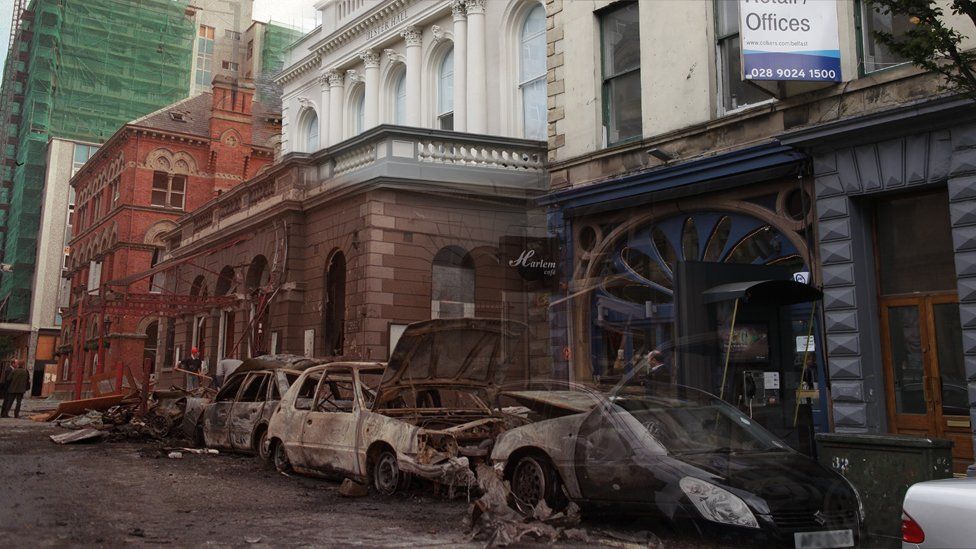 Composite picture of Belfast's Bedford Street in 2014 and in the aftermath of a 1992 bomb