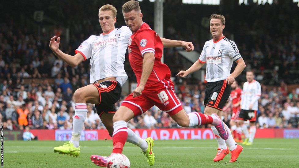 Anthony Pilkington has a shot on goal during Cardiff City's Championship game at Fulham.