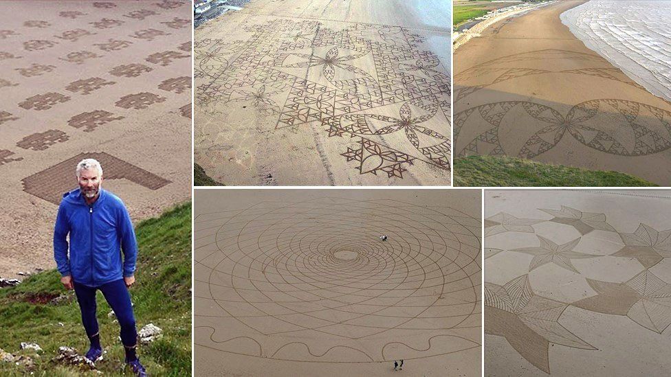 Simon Beck and his sand art at Brean Beach, Somerset