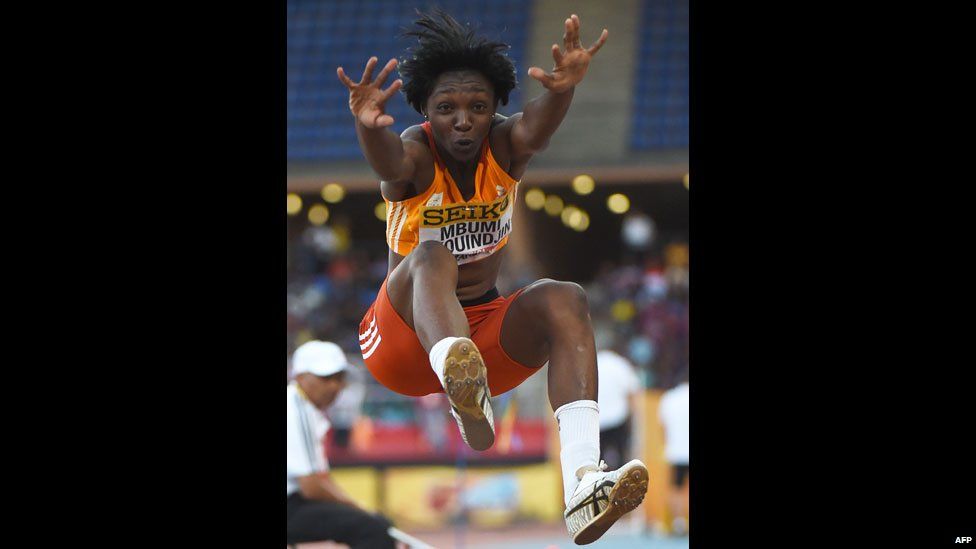 Cameroonian athlete Joelle Mbumi Nkouindjin jumping at the IAAF Continental Cup in Marrakesh, Morocco - Saturday 13 September 2014