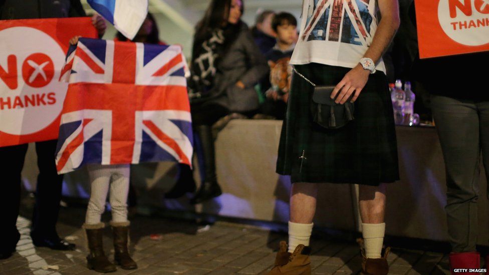 People waving a No flag outside the Scottish Parliament