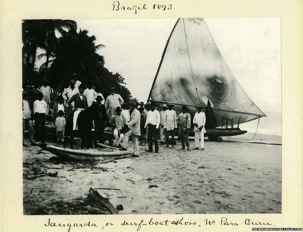 Jangarda, on surf-boat ashore, Para-Paracuru, Brazil, 1893