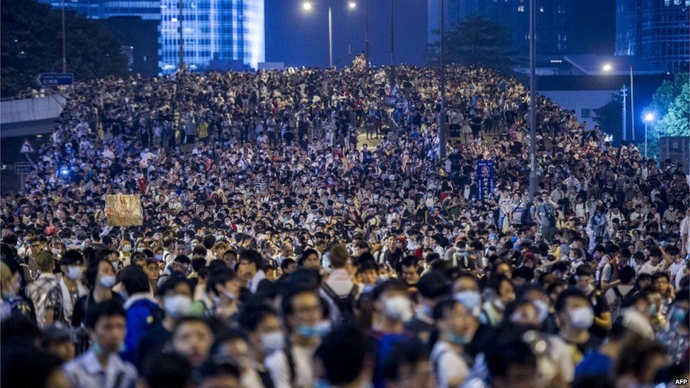 Pro-democracy protesters demonstrate in Hong Kong on 28 September 2014.