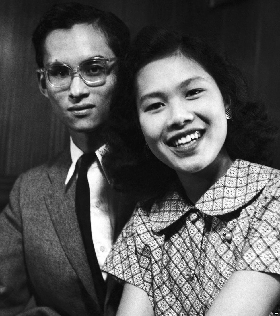 King Bhumibol Adulyadej of Thailand and his fiance, Princess Sirikit in Lausanne, Switzerland in September 1949 having announced their engagement