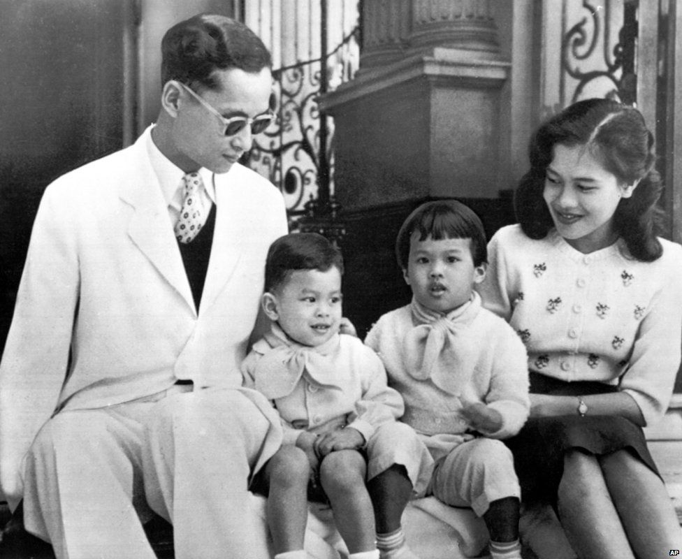 The Royal family of Thailand poses for a photograph on the steps of Bangkok's Chitralda Palace in 1955