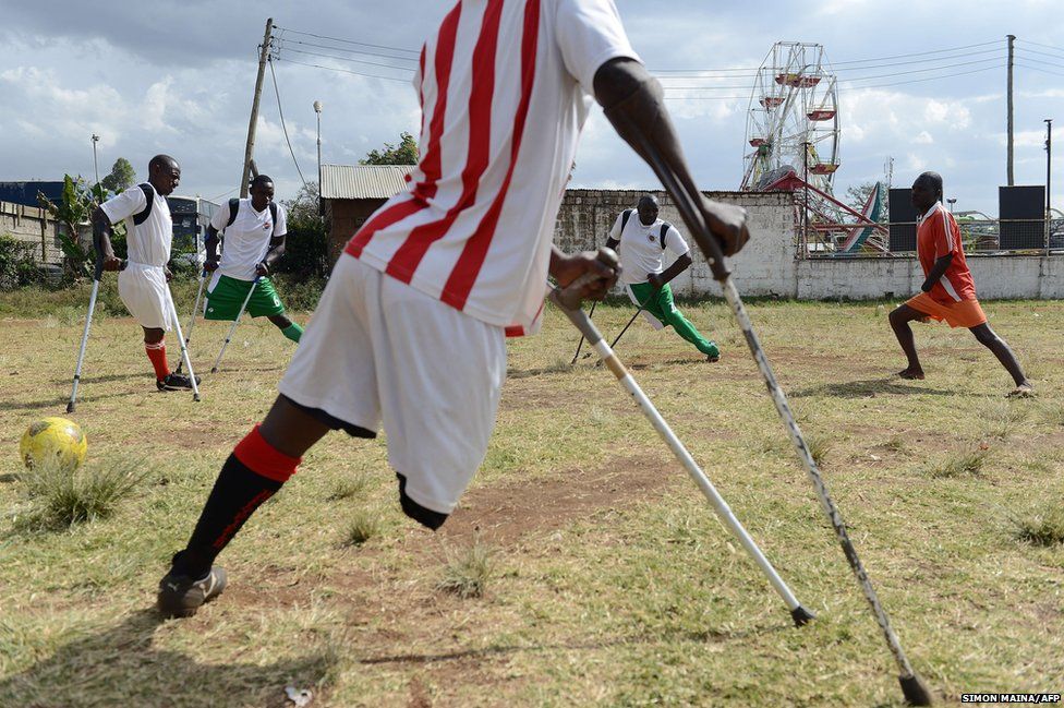 The Kenyan national amputee football team take part in a training session in Nairobi