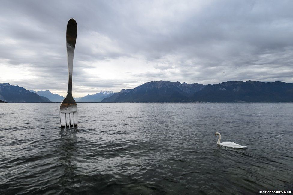 A giant fork designed by Switzerland's artist Jean-Pierre Zaugg