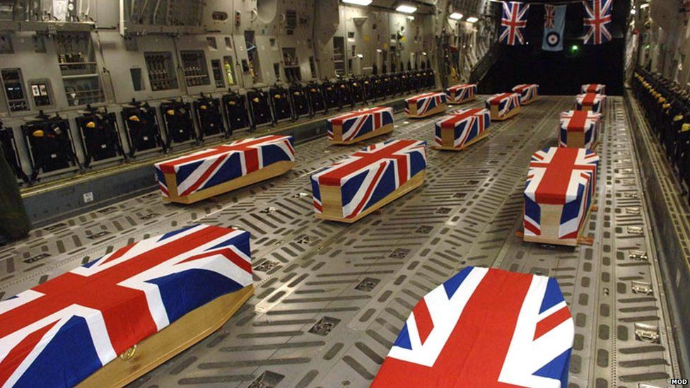 Remains of the 14 British servicemen killed when an RAF Nimrod MR2 plane crashed 12 miles west of Kandahar in the south of Afghanistan on 2 September 2006