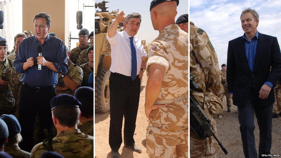 Prime ministers visiting troops at Camp Bastion: David Cameron in 2014, Gordon Brown in 2009, Tony Blair in 2006