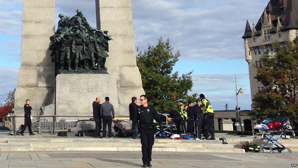Police at the scene of the shooting at the National War Memorial in Ottawa