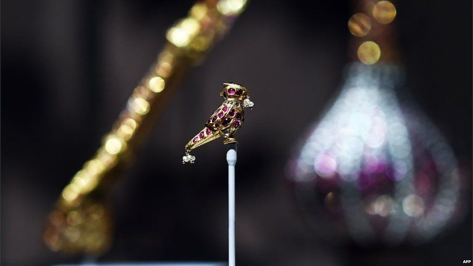 Jewelled objects are on display during a press preview of an exhibition titled "Treasures from India, Jewels from the Al-Thani collection" at the Metropolitan Museum of Art in New York