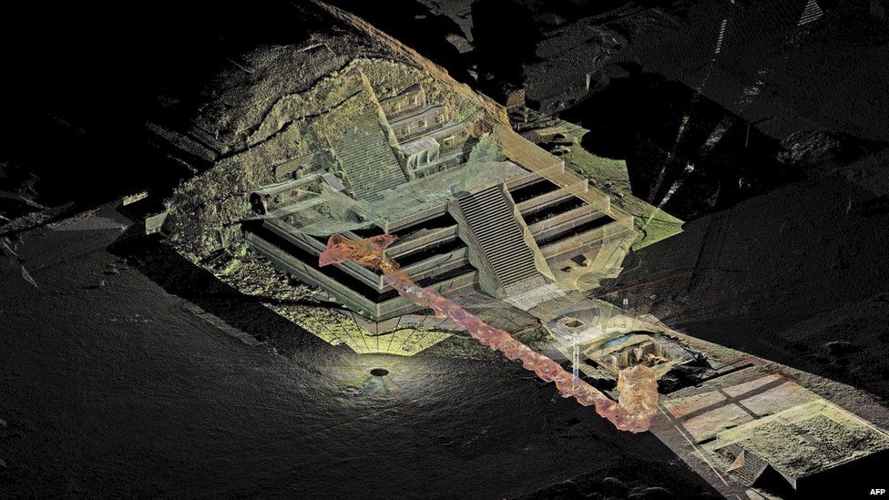 Handout picture released by the National Institute of Anthropology and History (INAH in Spanish) showing a digital image and a laser scan of a tunnel at the Temple of the Feathered Serpent (Serpiente Emplumada) in the Teotihuacan complex in Mexico City, on October 29, 2014.