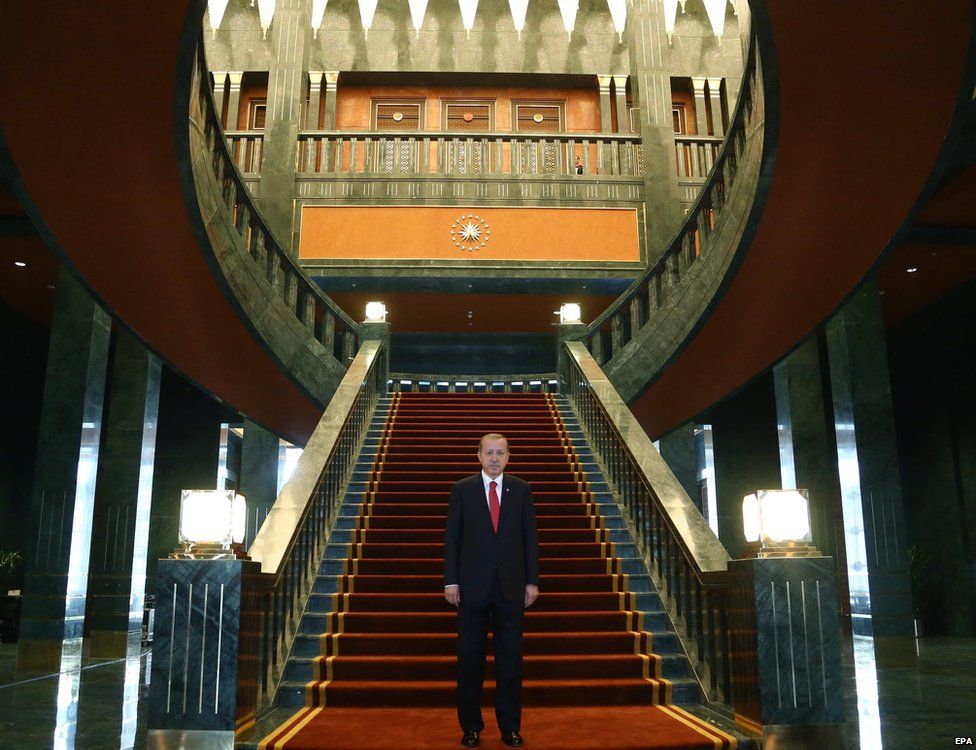 The Turkish President, Recep Tayyip Erdogan, pictured at the foot of a staircase at the Ak Saray residence