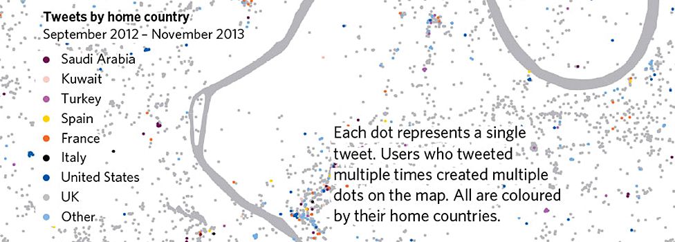 Tweets by home country (Sept 2012 - Nov 2013) (source: Alistair Leak and Muhammad Adnan from UCL London, Twitter)