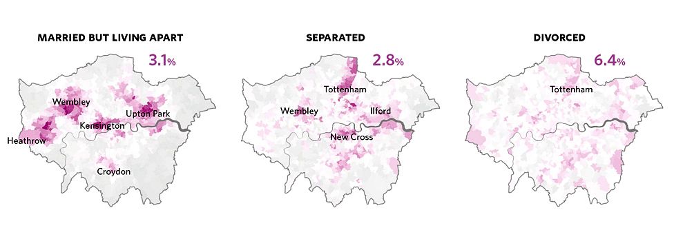 Relationship status maps, London (source: 2011 Census, ONS, OS)