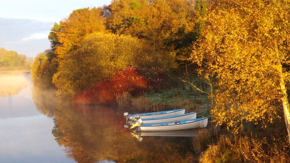 Three small speed boats docked on the river, against a frosty grass shore and plenty of trees covered in bright yellow leaves. Low mist lies over the water of the river.