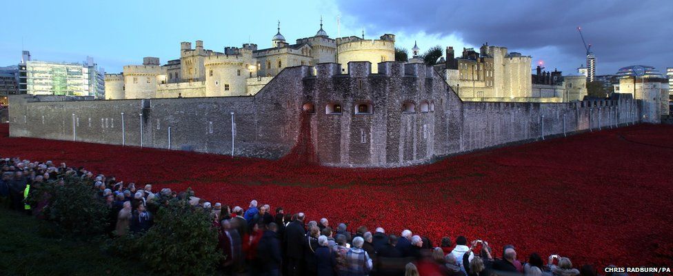 Members of the public stop to look at the ceramic poppies (5 November 2014)