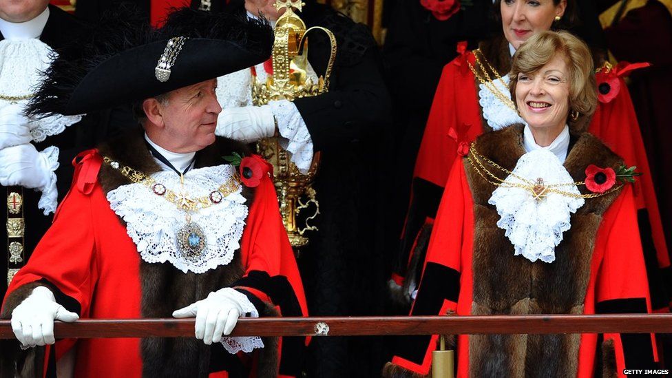 Alan Yarrow, the new Lord Mayor Of London and Fiona Woolf, the previous Lord Mayor, greeted the crowd