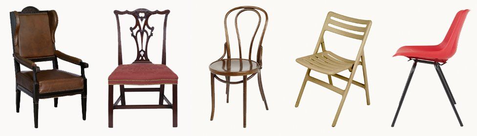 From left: Wing arm chair, Chippendale chair, Thonet No 14, Jasper Morrison folding Air Chair, Robin Day Polyprop chair