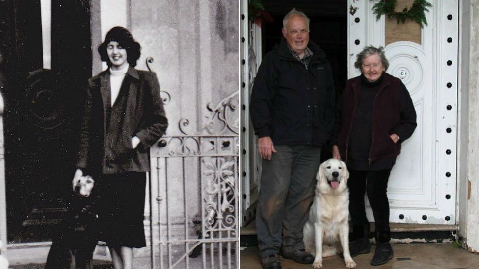 Jocelyn Hemming outside Poltmore House in 1949, and now in 2014 with Ashley Roberts who was born in house.