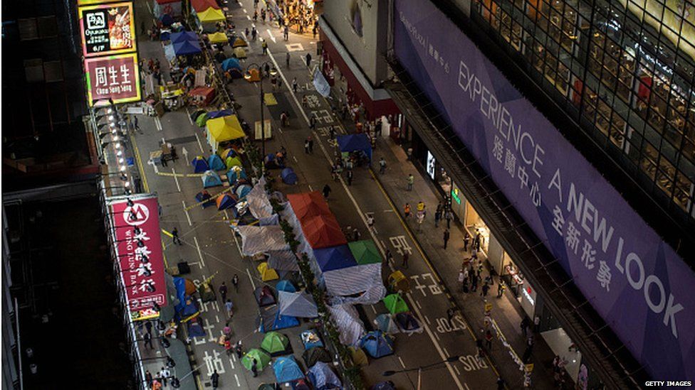 A general view of tents set up at the protest site occupying Nathan Road in Mong Kok District on November 24, 2014 in Hong Kong.