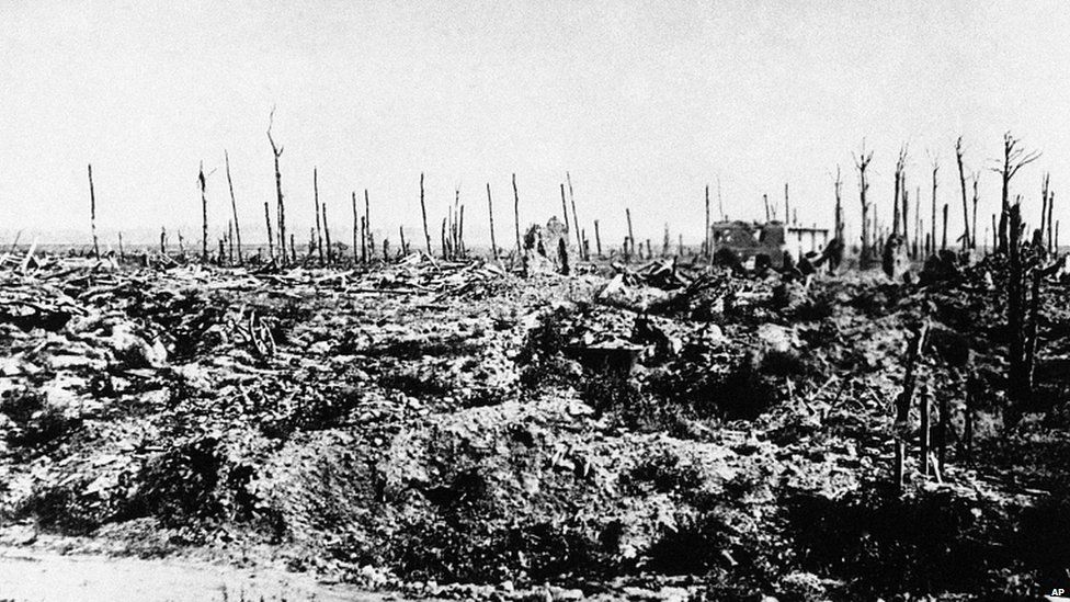 A World War One battlefield with dead trees