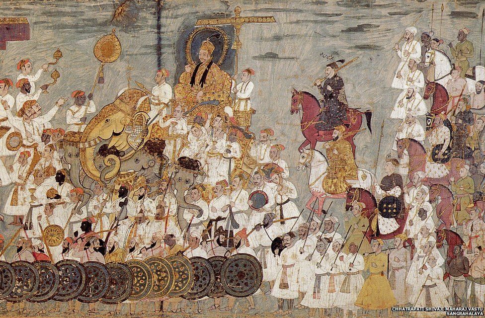 This 17th-century cloth painting depicts a procession of Deccani sultan Abdullah Qutb Shah. African guards can be seen as part of the sultan's army