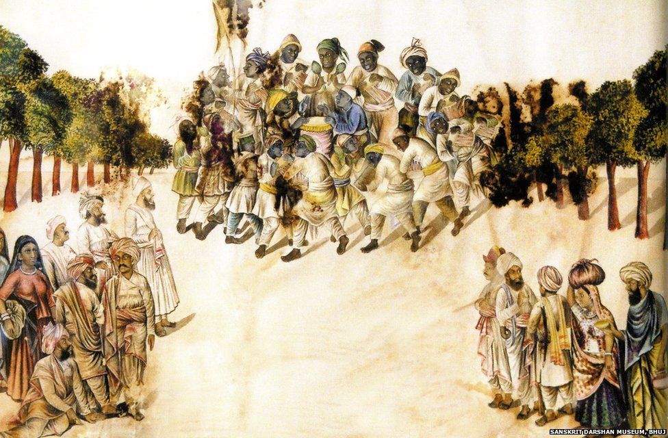 This 1887 painting from Kutch portrays the Sidi Damal, a religious, ecstatic dance emblematic of the Muslim Sidis, who were brought to India from East Africa