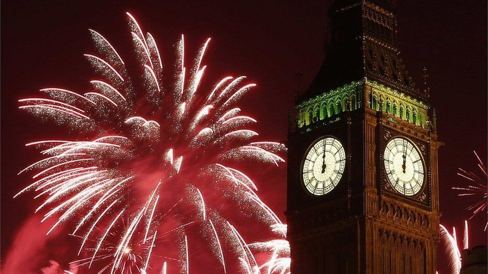 Fireworks explode behind the Houses of Parliament and Big Ben on the River Thames during New Year's celebrations in London January 1, 2015