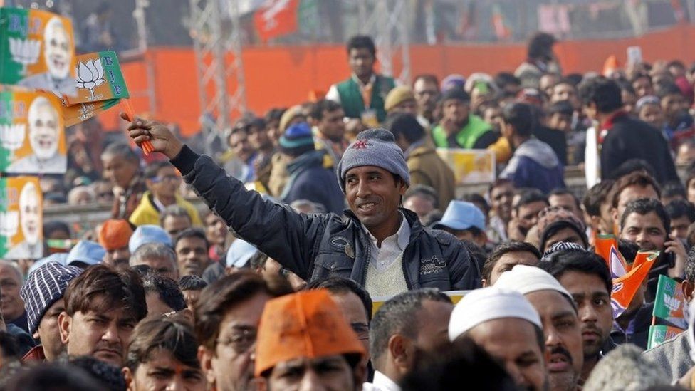 Bharatiya Janata Party workers at Indian prime minister Narendra Modi's rally in Delhi on 10 January 2015, ahead of Delhi elections