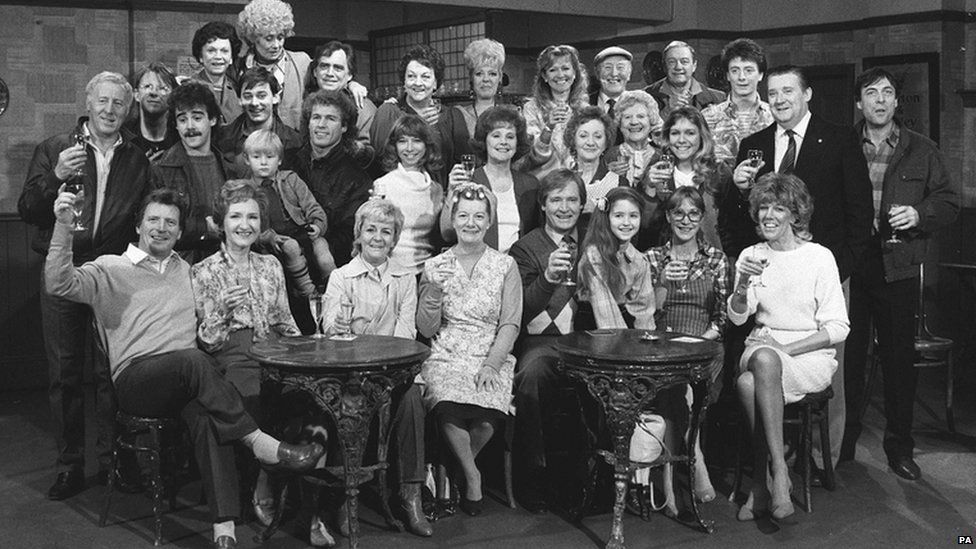 The cast of Coronation Street in a black and white photo (undated)